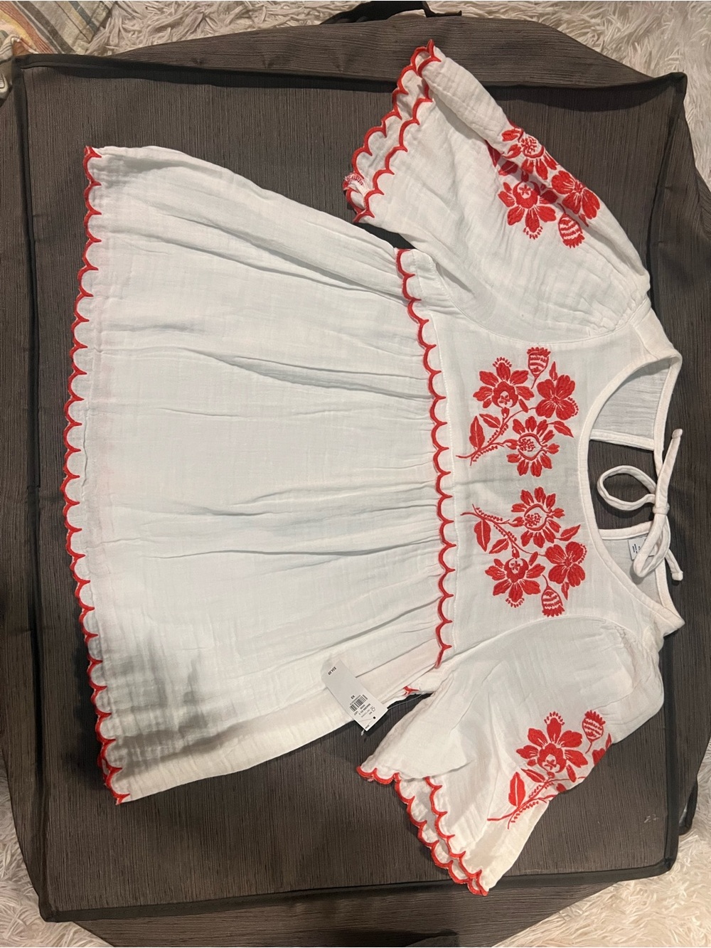 Old Navy White Peasant Top with Red Floral Embroidery